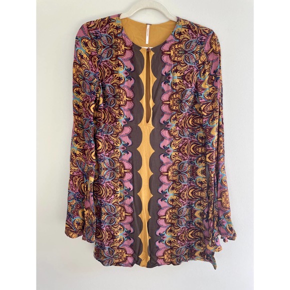 Free People Ossie Vibes Bell Sleeve Paisley Mini Shift Dress Gold Brown Sz 2 - Picture 2 of 6